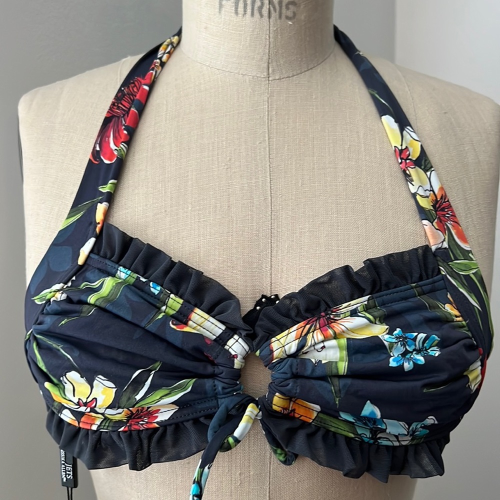 JETS by Jessika Allen Navy Floral Ruffle Tie Halter Bikini Top US Sz 4.- NWT!